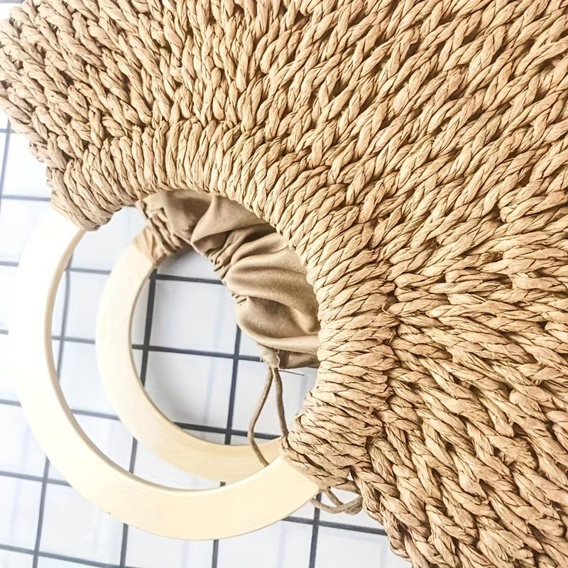 Boho Style Straw Woven Handbag Wooden Handle Beach Bag