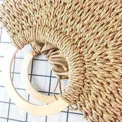 Boho Style Straw Woven Handbag Wooden Handle Beach Bag