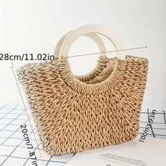 Boho Style Straw Woven Handbag Wooden Handle Beach Bag