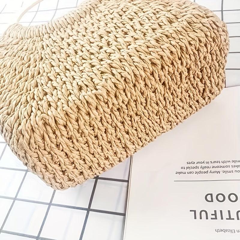 Boho Style Straw Woven Handbag Wooden Handle Beach Bag