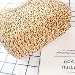 Boho Style Straw Woven Handbag Wooden Handle Beach Bag
