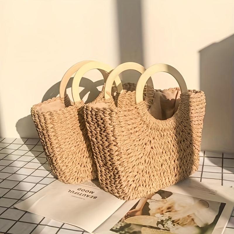 Boho Style Straw Woven Handbag Wooden Handle Beach Bag