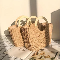 Boho Style Straw Woven Handbag Wooden Handle Beach Bag