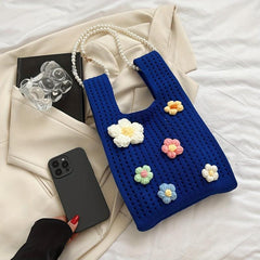 Flower Pearl Knitted Bag Cartoon Wrist Bag Women's Handbag