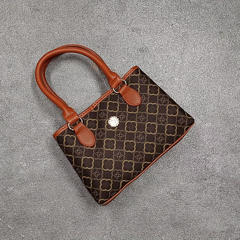 Vintage Geometric Print Tote Bag Retro PU Leather Satchel Handbag