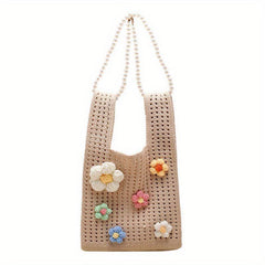 Crochet Flower Tote Bag with Pearl Chain Shoulder Strap
