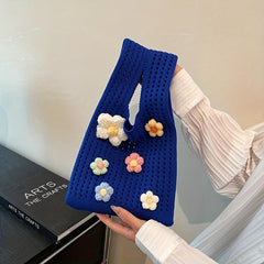 Crochet Flower Tote Bag with Pearl Chain Shoulder Strap