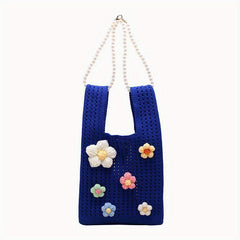 Crochet Flower Tote Bag with Pearl Chain Shoulder Strap