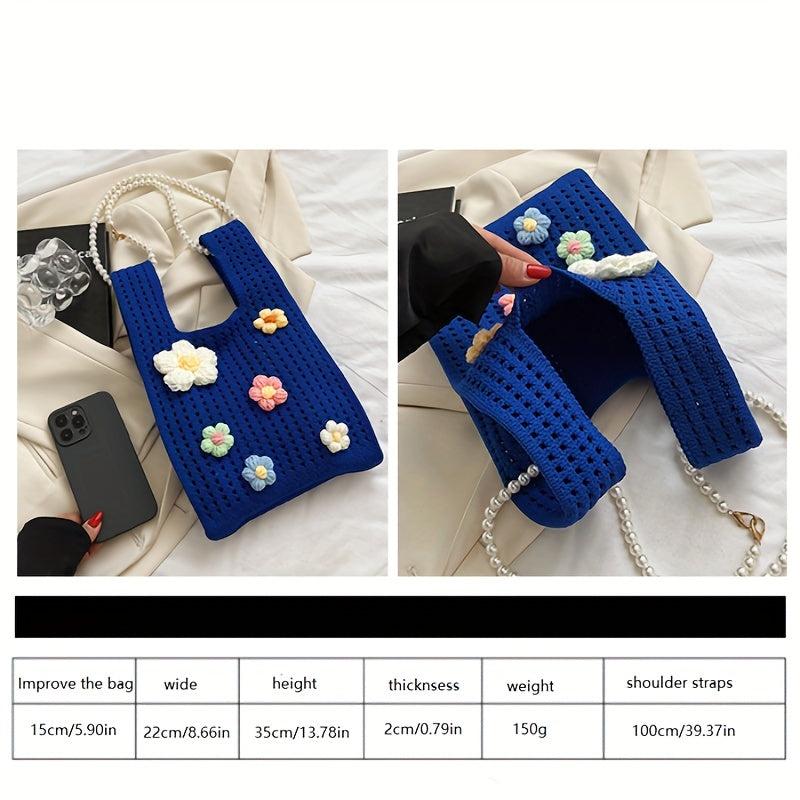 Crochet Flower Tote Bag with Pearl Chain Shoulder Strap