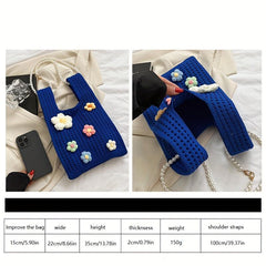 Crochet Flower Tote Bag with Pearl Chain Shoulder Strap