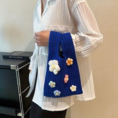 Crochet Flower Tote Bag with Pearl Chain Shoulder Strap