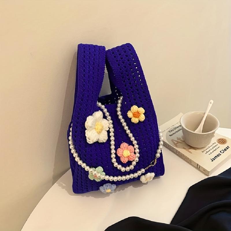 Crochet Flower Tote Bag with Pearl Chain Shoulder Strap
