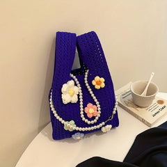 Crochet Flower Tote Bag with Pearl Chain Shoulder Strap