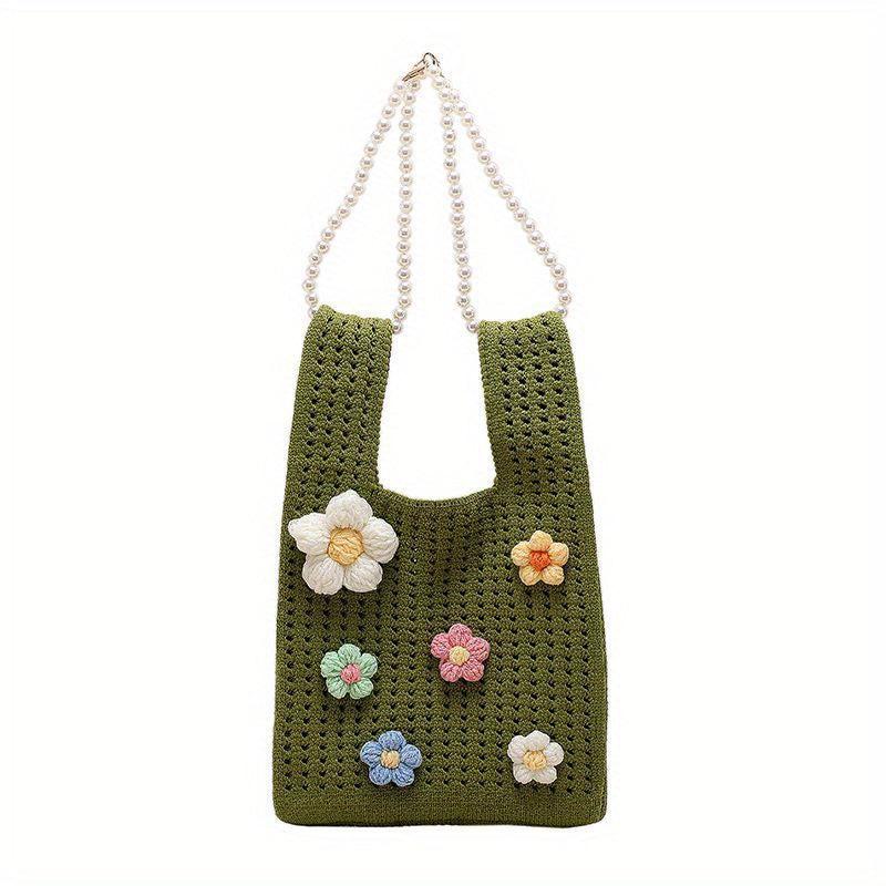 Crochet Flower Tote Bag with Pearl Chain Shoulder Strap