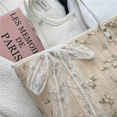 Boho Flower Lace Straw Tote Bag Large Capacity Shoulder Handbag
