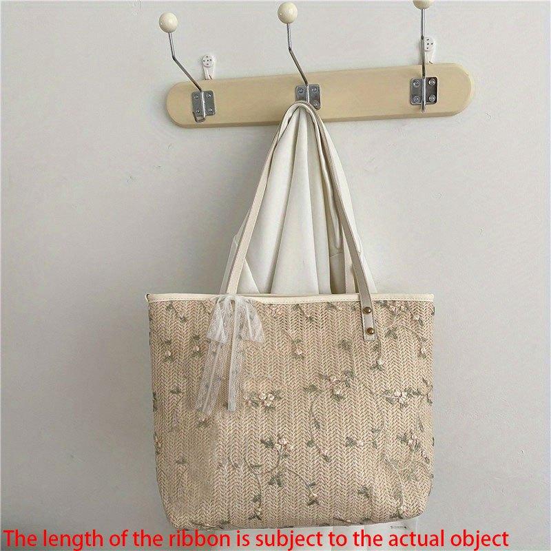 Boho Flower Lace Straw Tote Bag Large Capacity Shoulder Handbag