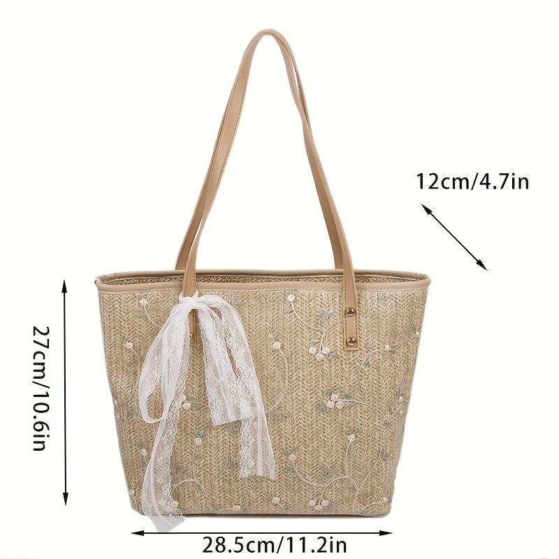 Boho Flower Lace Straw Tote Bag Large Capacity Shoulder Handbag