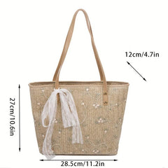 Boho Flower Lace Straw Tote Bag Large Capacity Shoulder Handbag