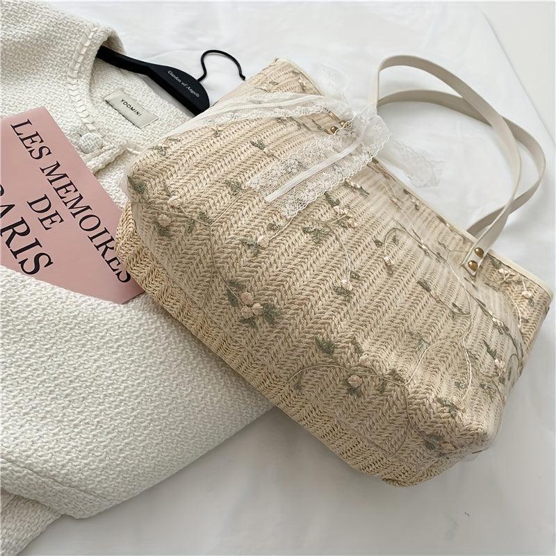 Boho Flower Lace Straw Tote Bag Large Capacity Shoulder Handbag