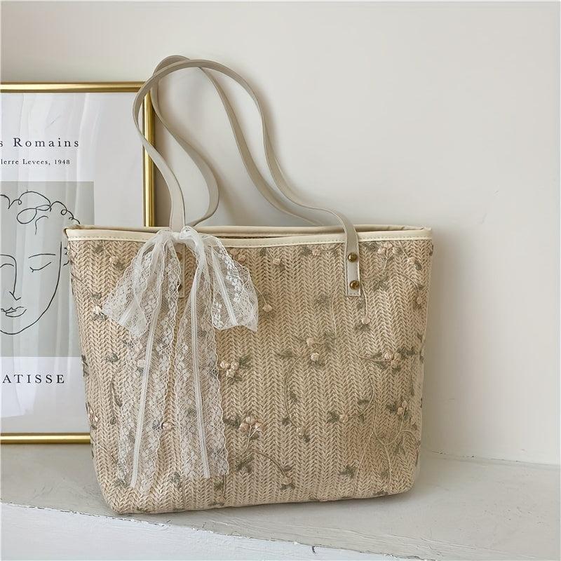 Boho Flower Lace Straw Tote Bag Large Capacity Shoulder Handbag