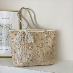Boho Flower Lace Straw Tote Bag Large Capacity Shoulder Handbag