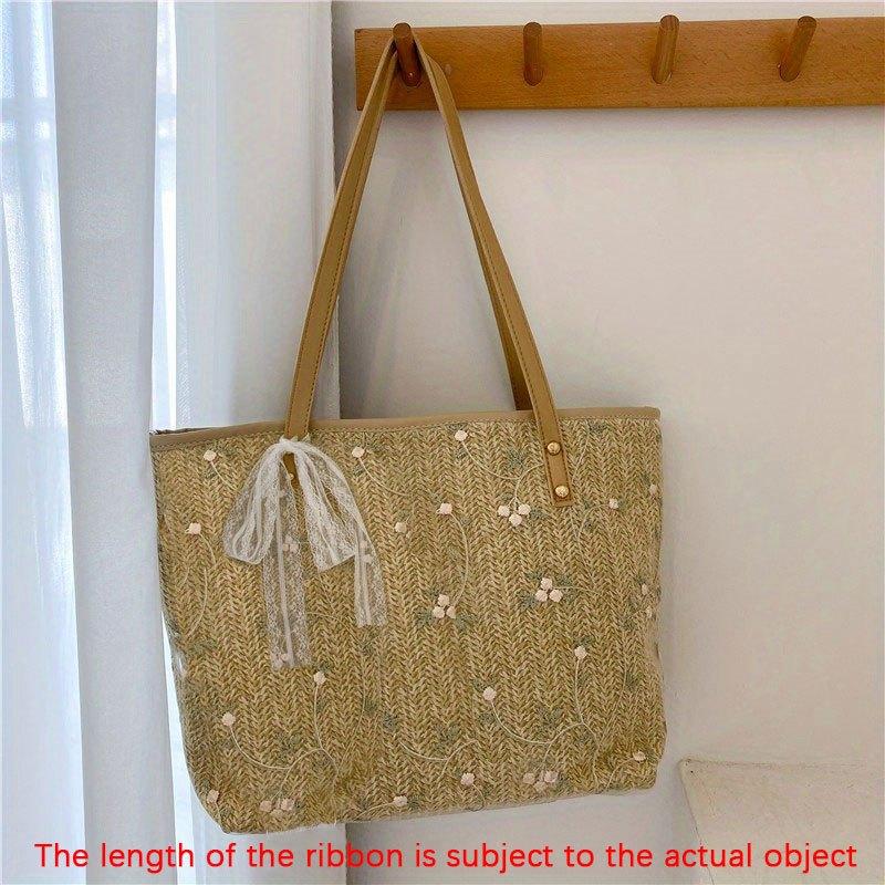Boho Flower Lace Straw Tote Bag Large Capacity Shoulder Handbag