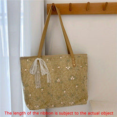 Boho Flower Lace Straw Tote Bag Large Capacity Shoulder Handbag