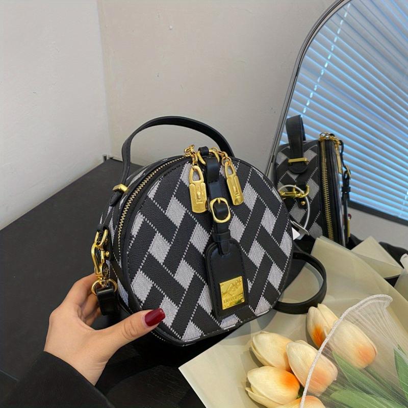 Mini Crossbody Round Handbag PU Leather Textured Bag Purse
