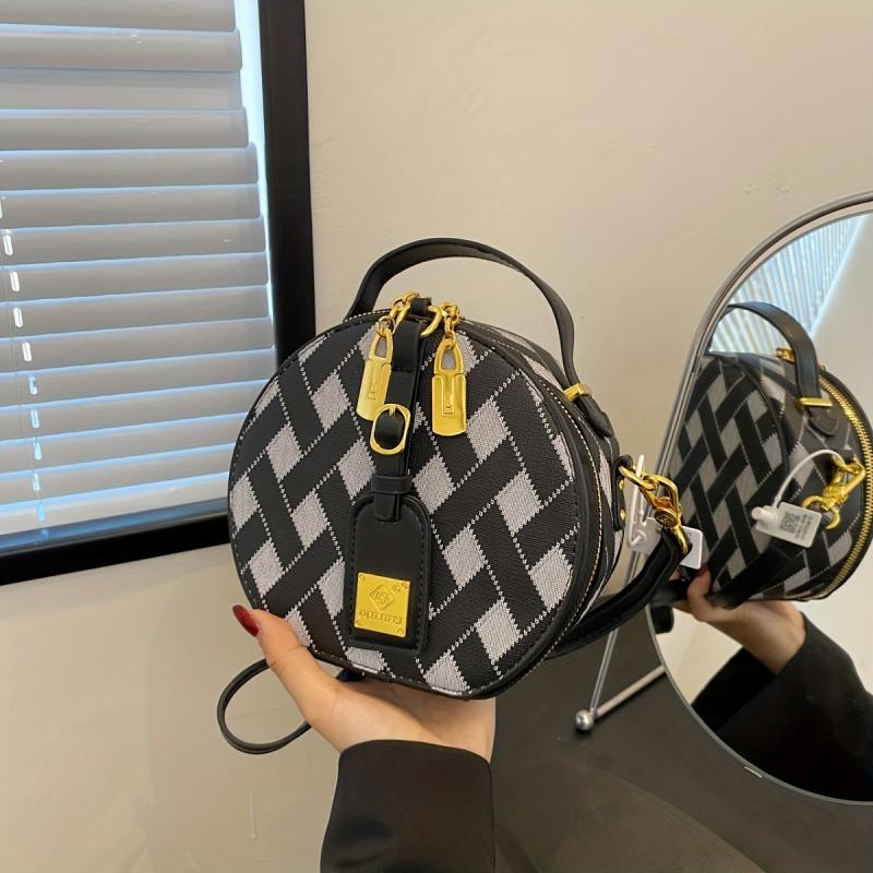 Mini Crossbody Round Handbag PU Leather Textured Bag Purse