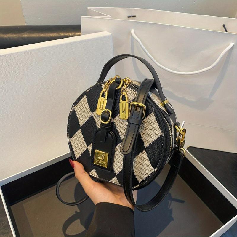 Mini Crossbody Round Handbag PU Leather Textured Bag Purse