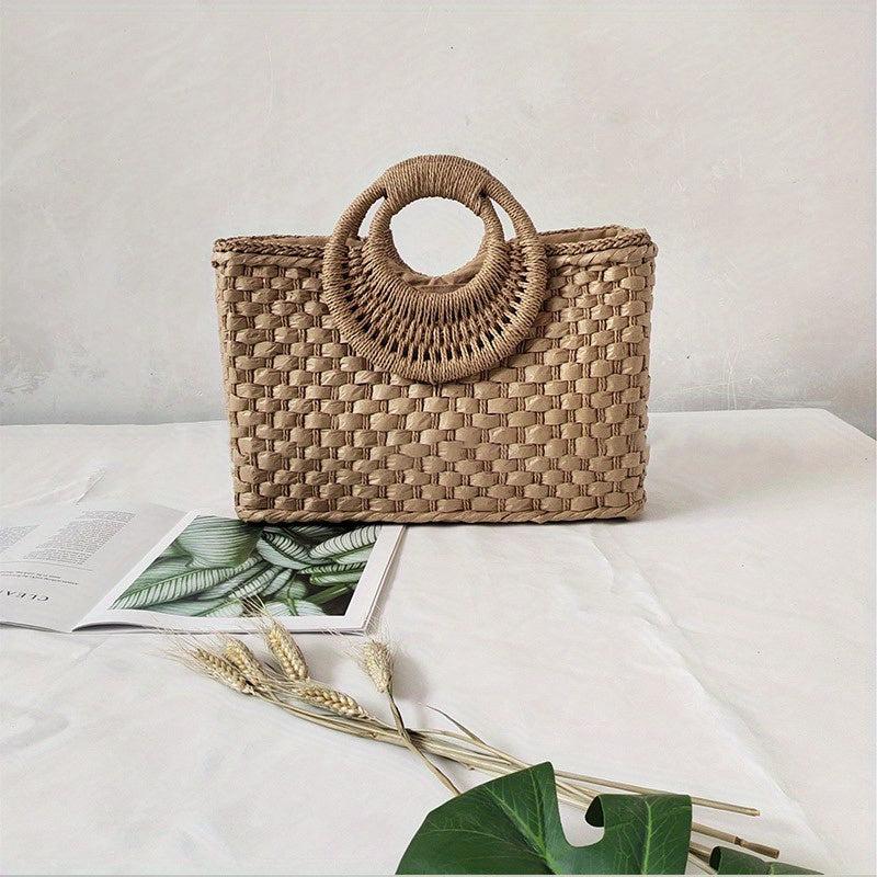 Vintage Straw Woven Tote Bag Retro Summer Beach Handbag Women's Boho Purse