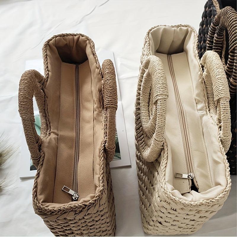 Vintage Straw Woven Tote Bag Retro Summer Beach Handbag Women's Boho Purse