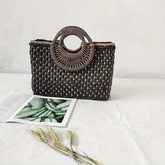 Vintage Straw Woven Tote Bag Retro Summer Beach Handbag Women's Boho Purse