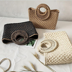 Vintage Straw Woven Tote Bag Retro Summer Beach Handbag Women's Boho Purse