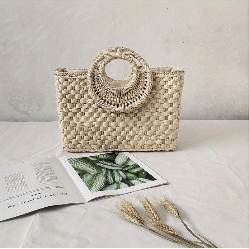 Vintage Straw Woven Tote Bag Retro Summer Beach Handbag Women's Boho Purse