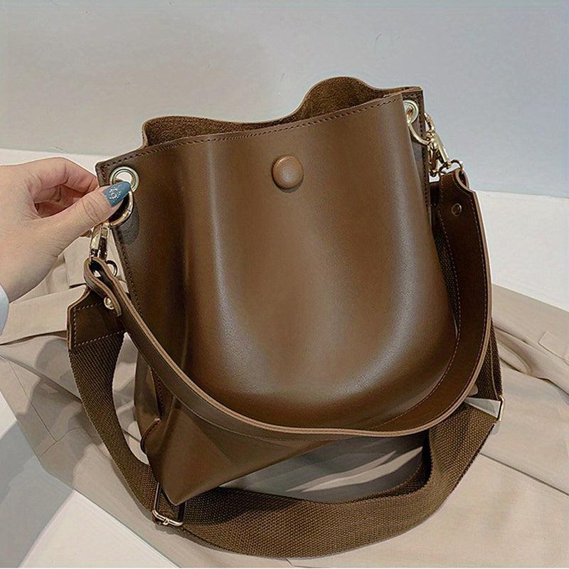 Vintage Bucket Bag Crossbody Wide Strap Solid Shoulder Bag
