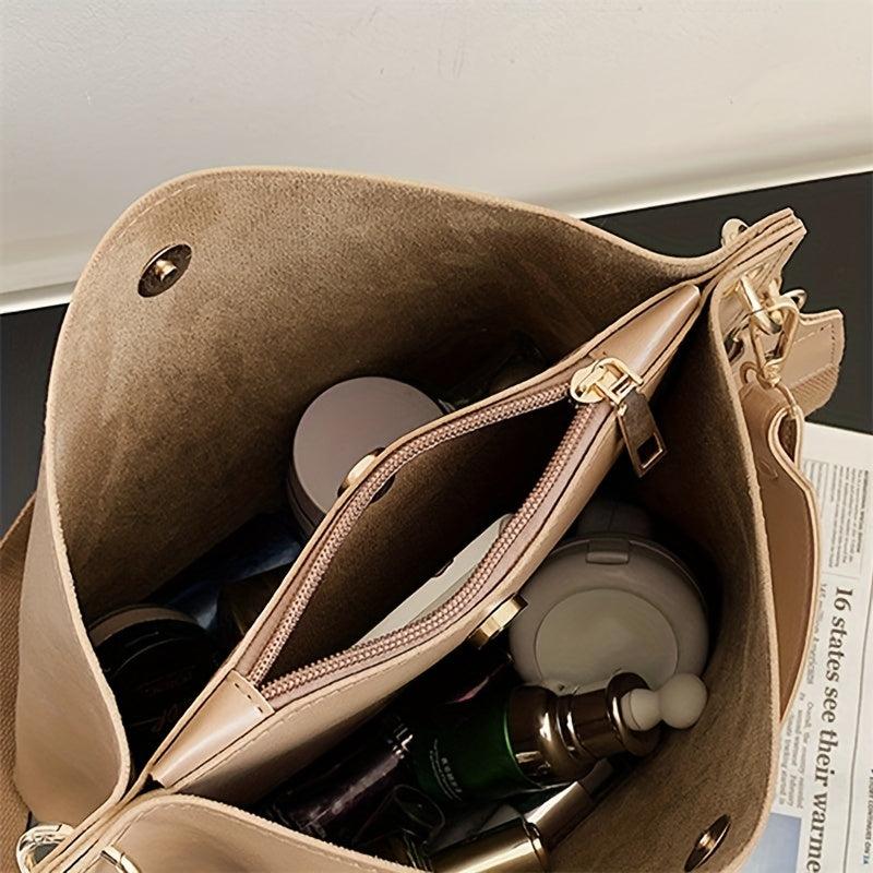 Vintage Bucket Bag Crossbody Wide Strap Solid Shoulder Bag