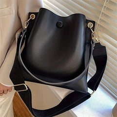 Vintage Bucket Bag Crossbody Wide Strap Solid Shoulder Bag