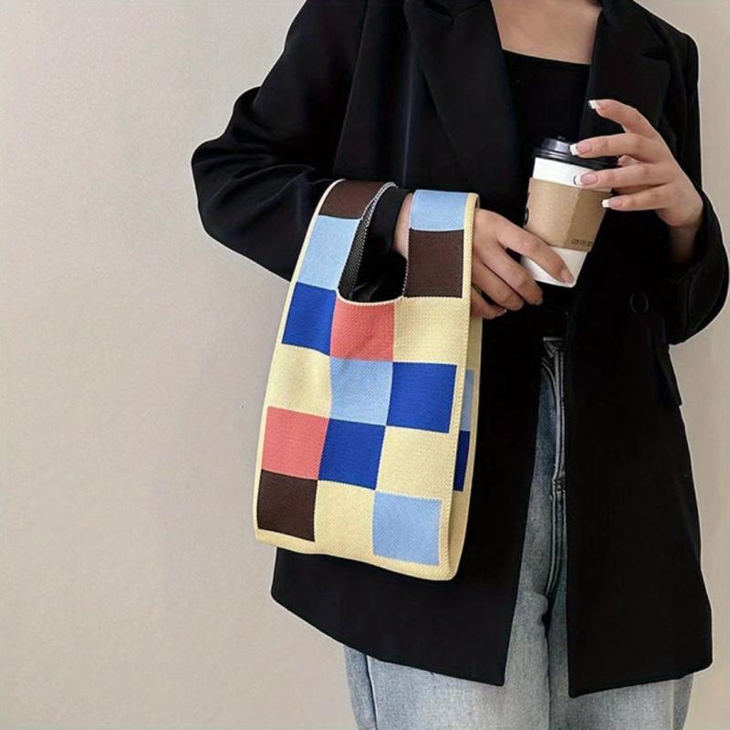 Plaid Woven Handbag Fabric Crochet Niche Tote Bag Casual Summer Street Wristlet