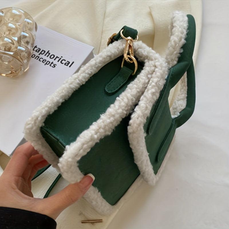 Minimalist Plush Square Satchel Bag Classic Flap Handbag