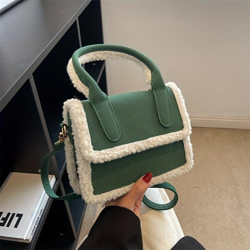 Minimalist Plush Square Satchel Bag Classic Flap Handbag