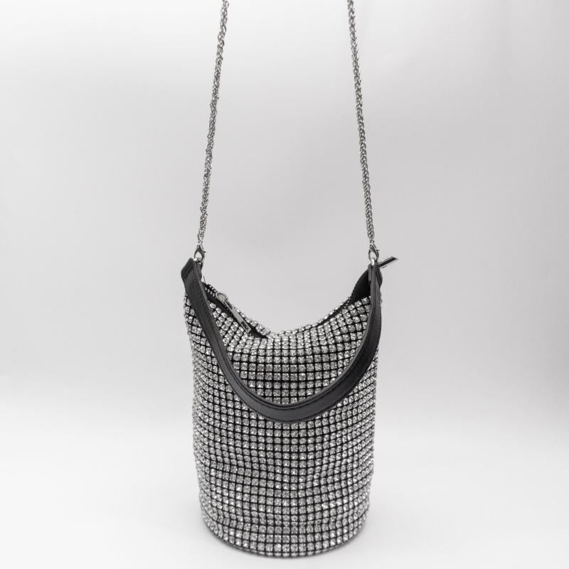 Glitter Rhinestone Bucket Bag Zipper Crossbody Chain Portable Storage