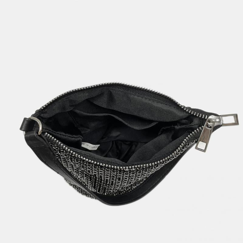 Glitter Rhinestone Bucket Bag Zipper Crossbody Chain Portable Storage