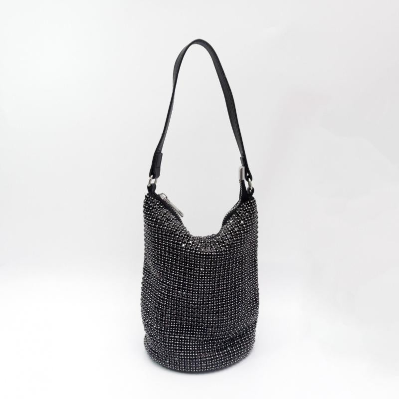 Glitter Rhinestone Bucket Bag Zipper Crossbody Chain Portable Storage