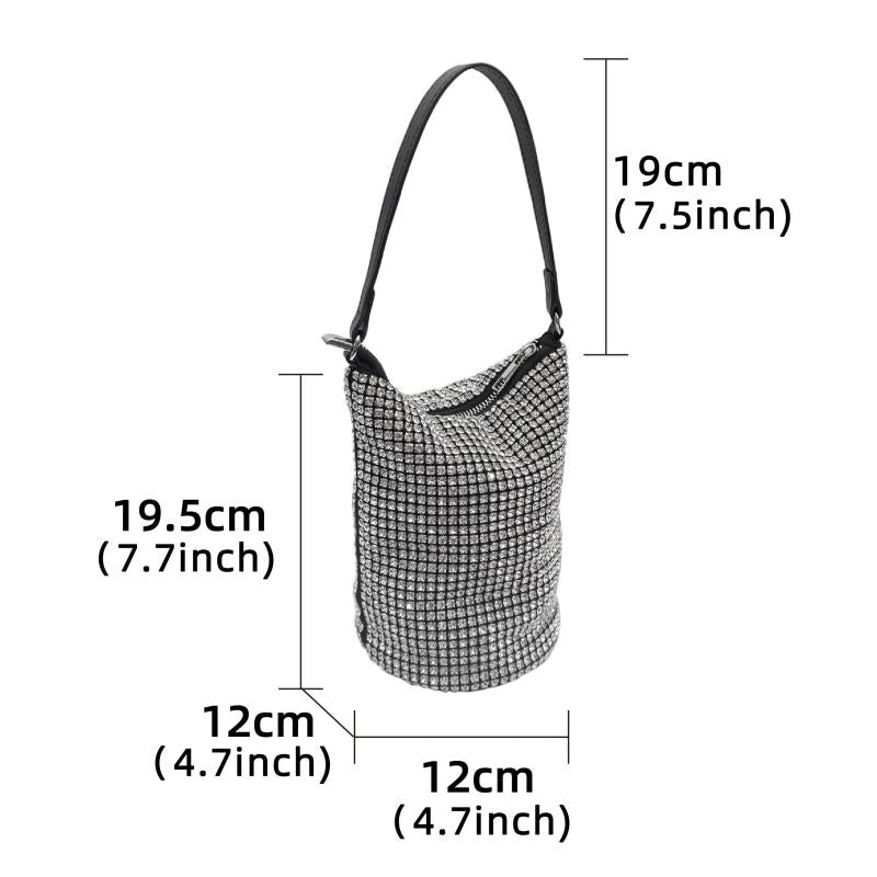 Glitter Rhinestone Bucket Bag Zipper Crossbody Chain Portable Storage