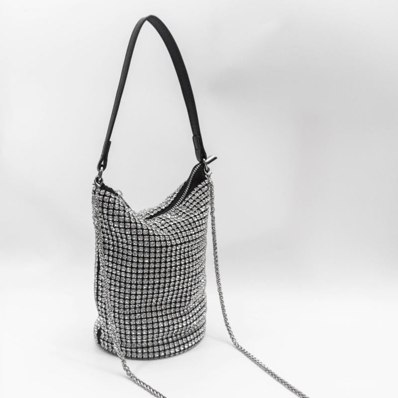 Glitter Rhinestone Bucket Bag Zipper Crossbody Chain Portable Storage