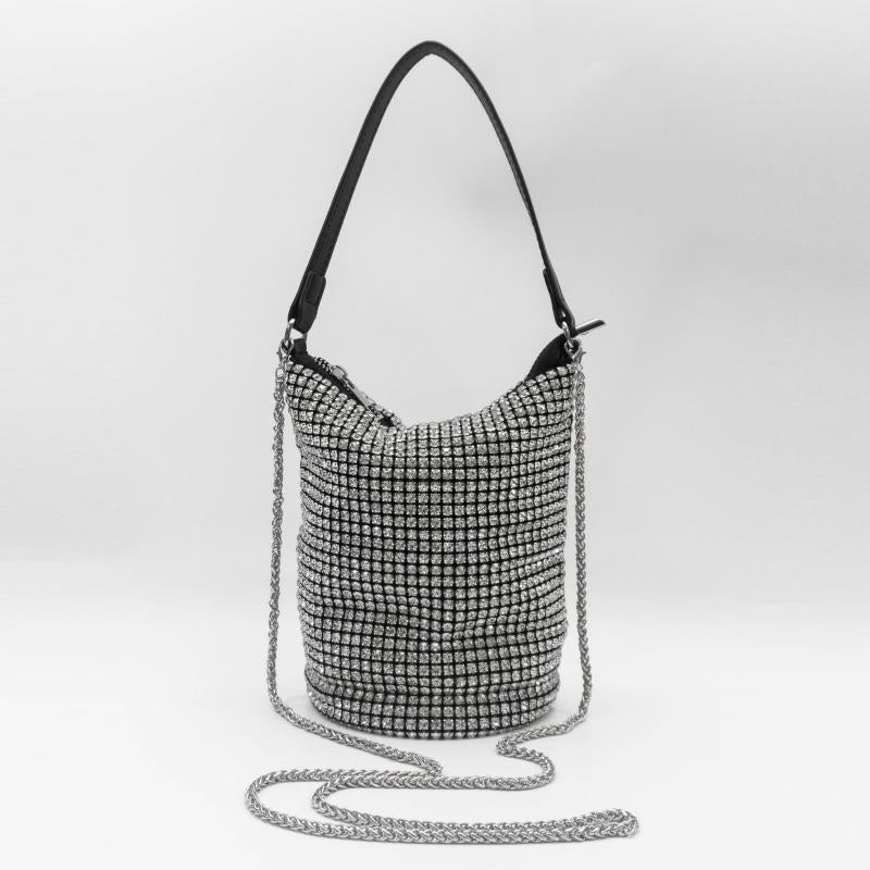 Glitter Rhinestone Bucket Bag Zipper Crossbody Chain Portable Storage