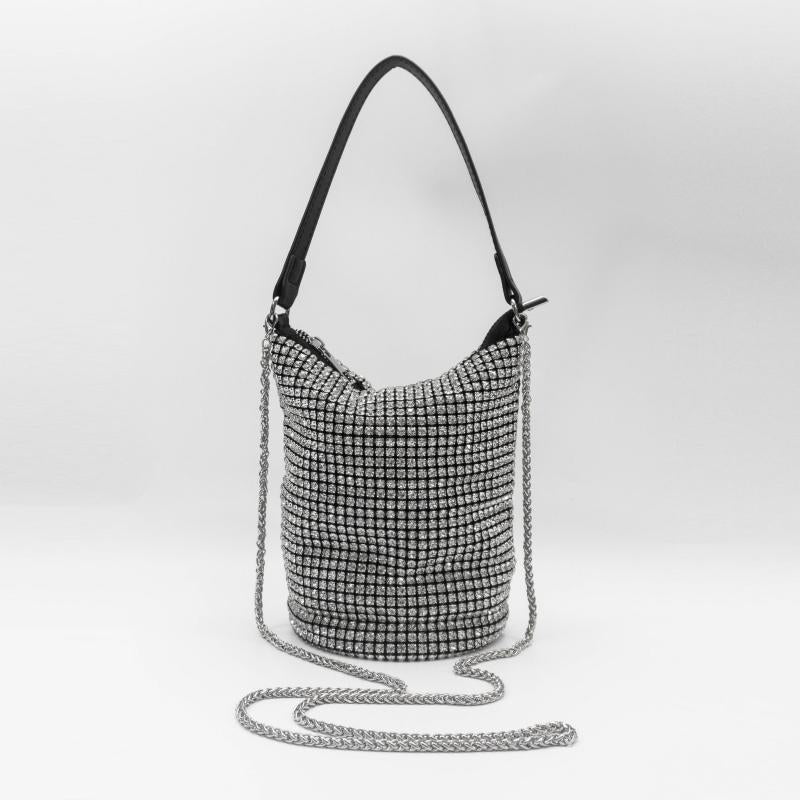 Glitter Rhinestone Bucket Bag Zipper Crossbody Chain Portable Storage