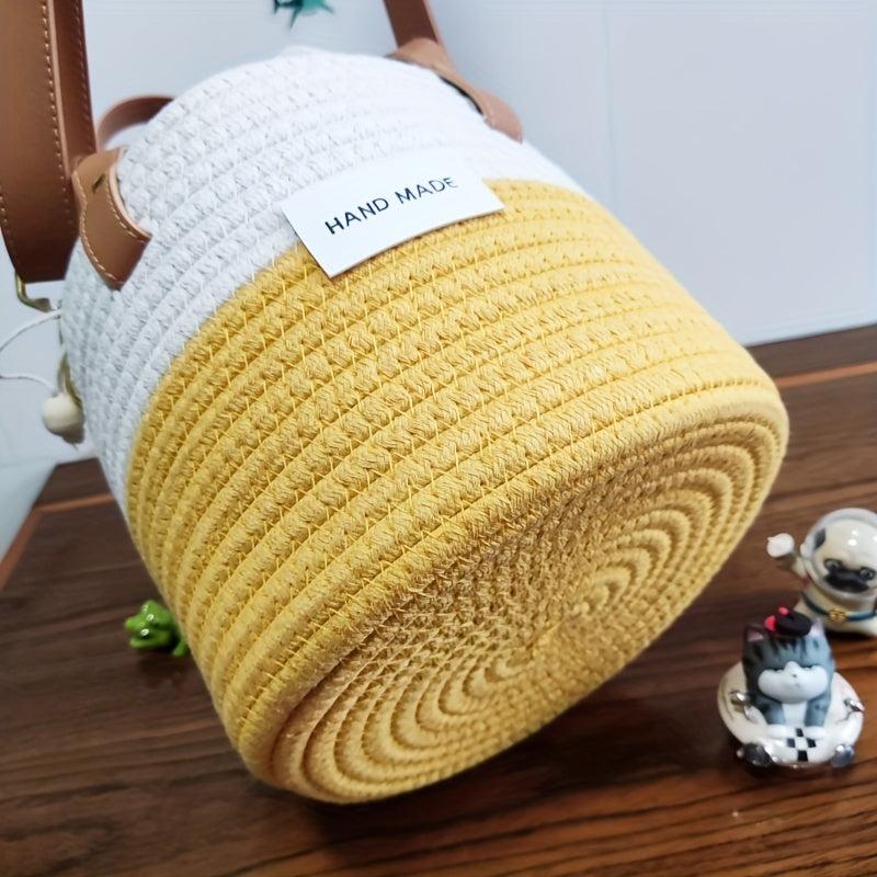 Colorblock Straw Bucket Bag Crossbody Drawstring Purse
