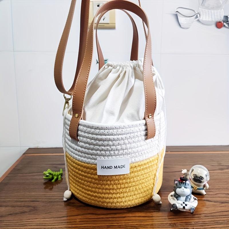 Colorblock Straw Bucket Bag Crossbody Drawstring Purse